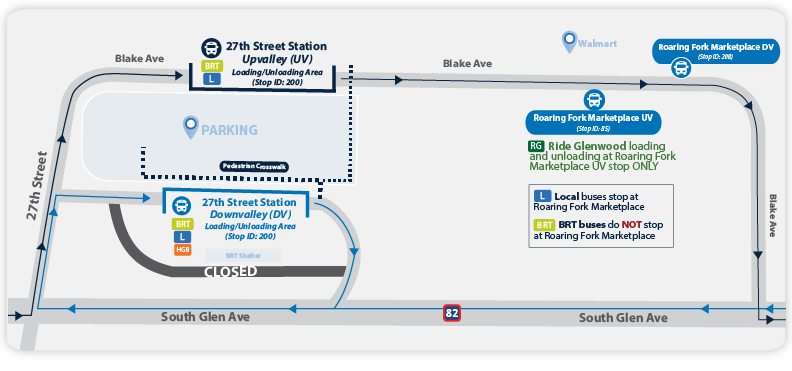 Map of detour route at 27th Street Station. Buses traveling upvalley will load and unload at Blake Ave, above the parking lot. Buses traveling downvalley will load and unload at 27th street station, east end. Ride Glenwood loading and unloading at Roaring Fork Marketplace Upvalley stop ONLY. BRT and L do not stop at Roaring Fork Marketplace unless requested.