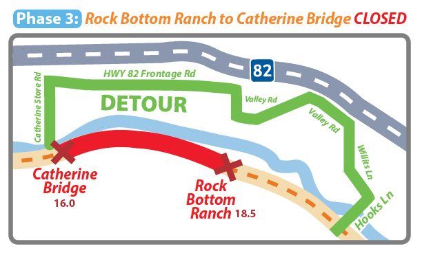 RGT closure from Rock Bottom Ranch to Catherine Bridge. Detour is Hooks Lane, to Valley Rd, to HWY 82 Frontage Rd, to Catherine Store Rd.